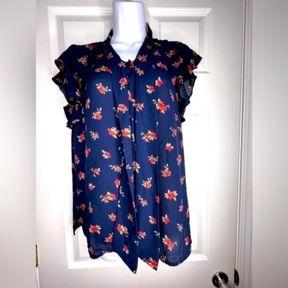 Zara Womens Small Navy Blue Floral Short Sleeve Flutter Blouse Top Neck Tie S